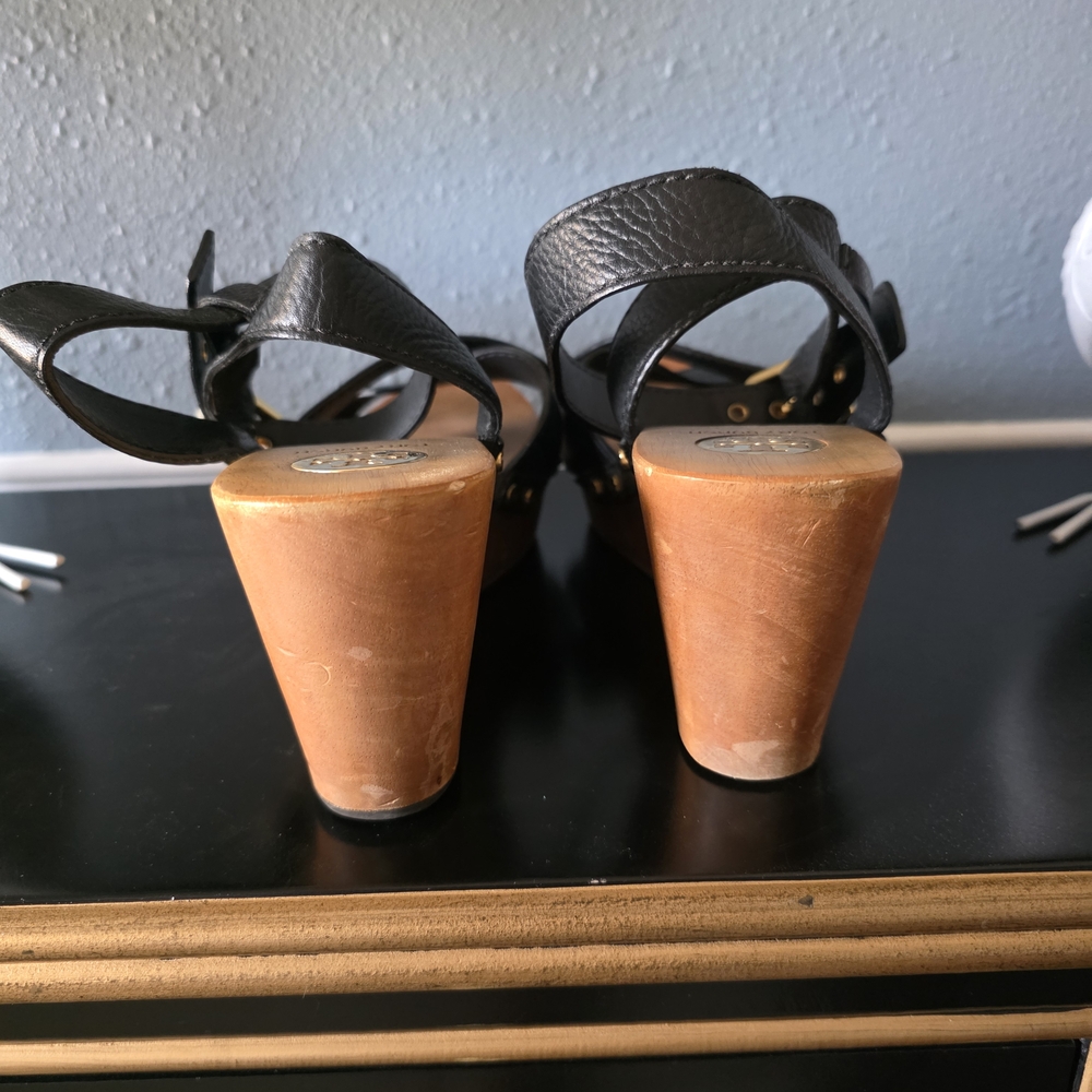 Tory Burch Black Leather Wood Platform Sandles 10.5 Medium - Picture 7 of 8